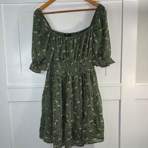 Trixxi Olive Green Floral Smocked Mini Dress